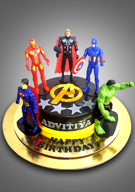 Avengers theme customised birthday cake with superhero toppers